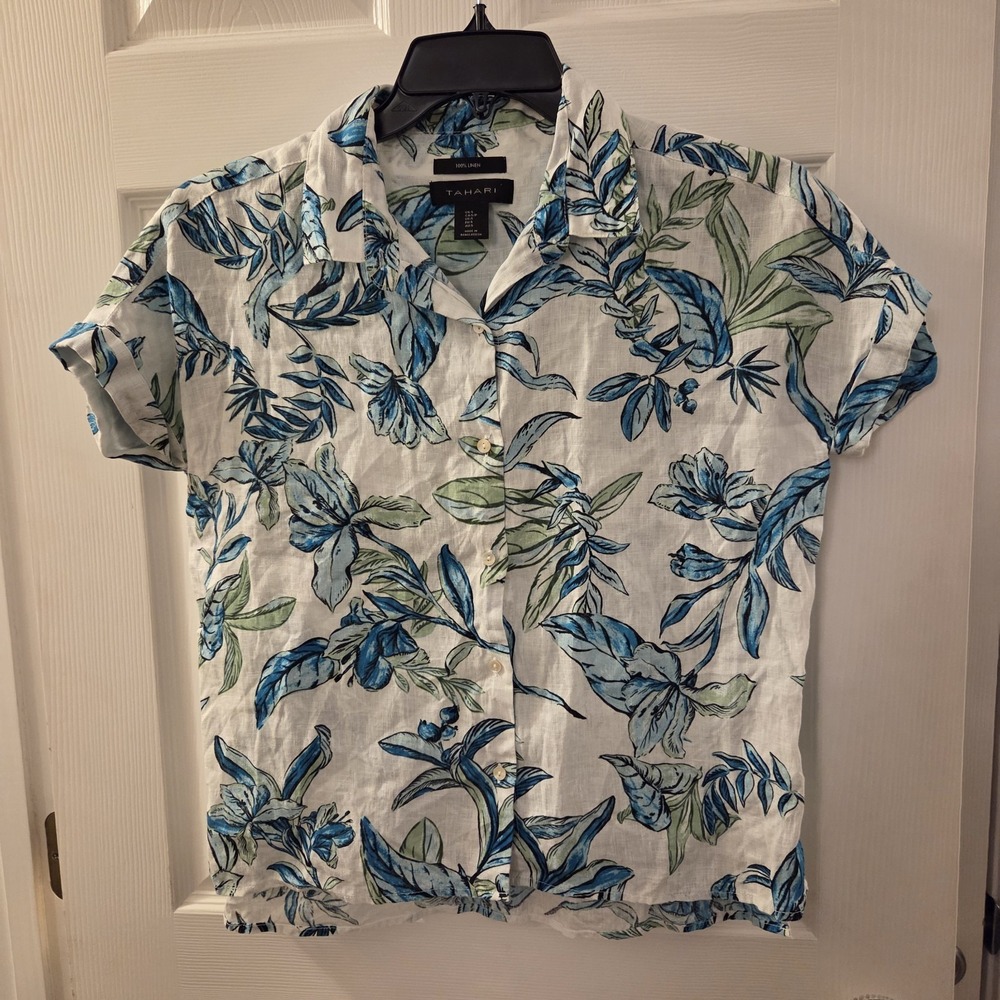 Tahari sz S 100% linen tropical floral button up top boxy relax fit resort beach